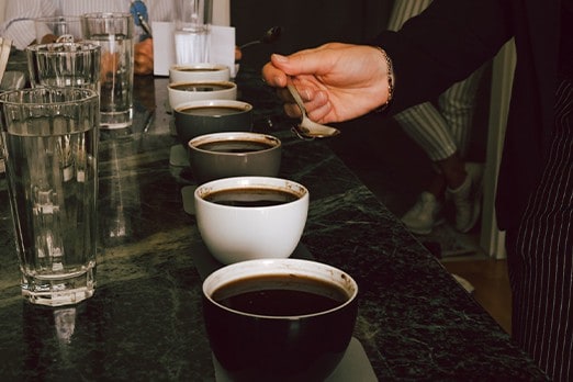 tazze in fila preparate secondo il metodo brasiliano per poter valutare dei caffè tramite il metodo del coffee cupping