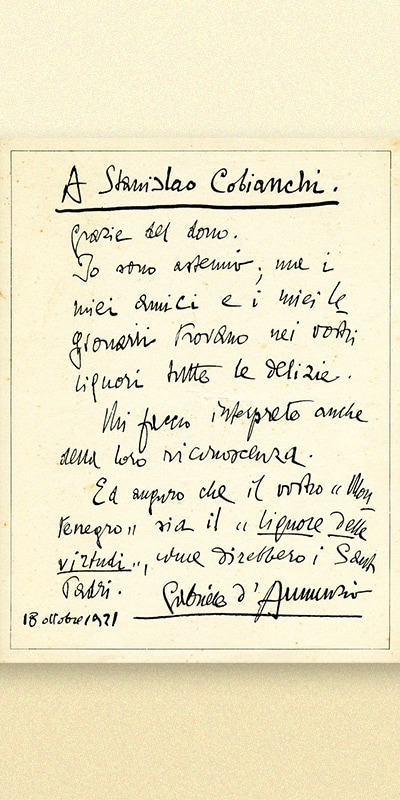 biglietto scritto a mano da Gabriele d'Annunzio a Stanislao Bianchi per ringraziarlo della bottiglia di amaro ricevuta. 